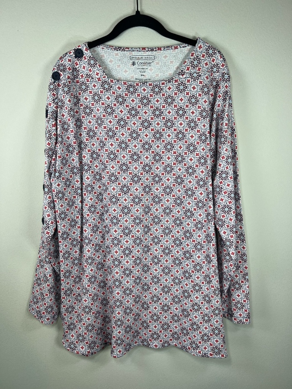 Coolibar Breakwater Tunic Top Shirt Red White Blue Geometric UPF 50+ Beachy  XXL